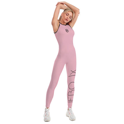Womens one-piece yoga suit, pink with black-trim neckline and side leg graphic panel