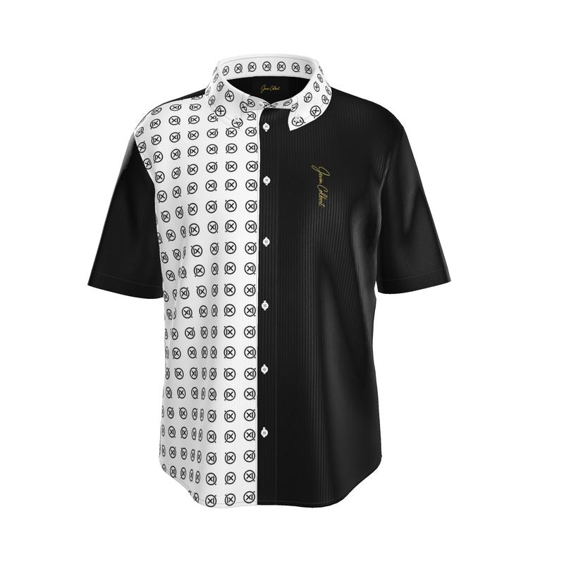 Short-sleeve dress shirt, black front with white patterned yoke, button placket, spread collar