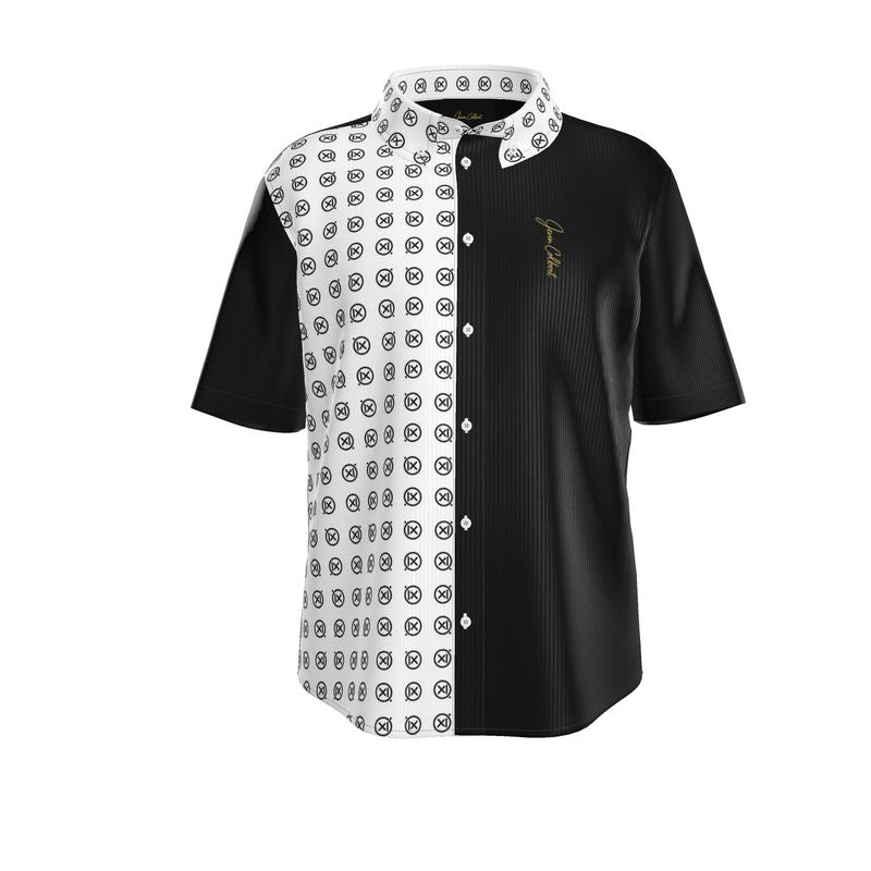 Short-sleeve dress shirt with white patterned side panel and black body, button placket, spread collar