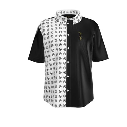 Short-sleeve dress shirt with white patterned side panel and black body, button placket, spread collar