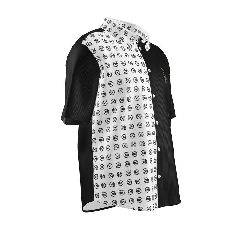 Short-sleeve dress shirt with black sleeves and white patterned center panel, button placket, spread collar