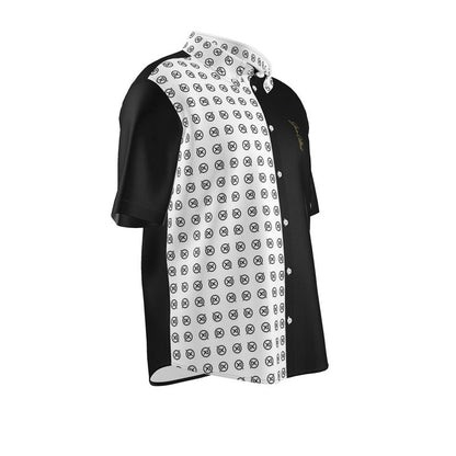 Short-sleeve dress shirt with black sleeves and white patterned center panel, button placket, spread collar
