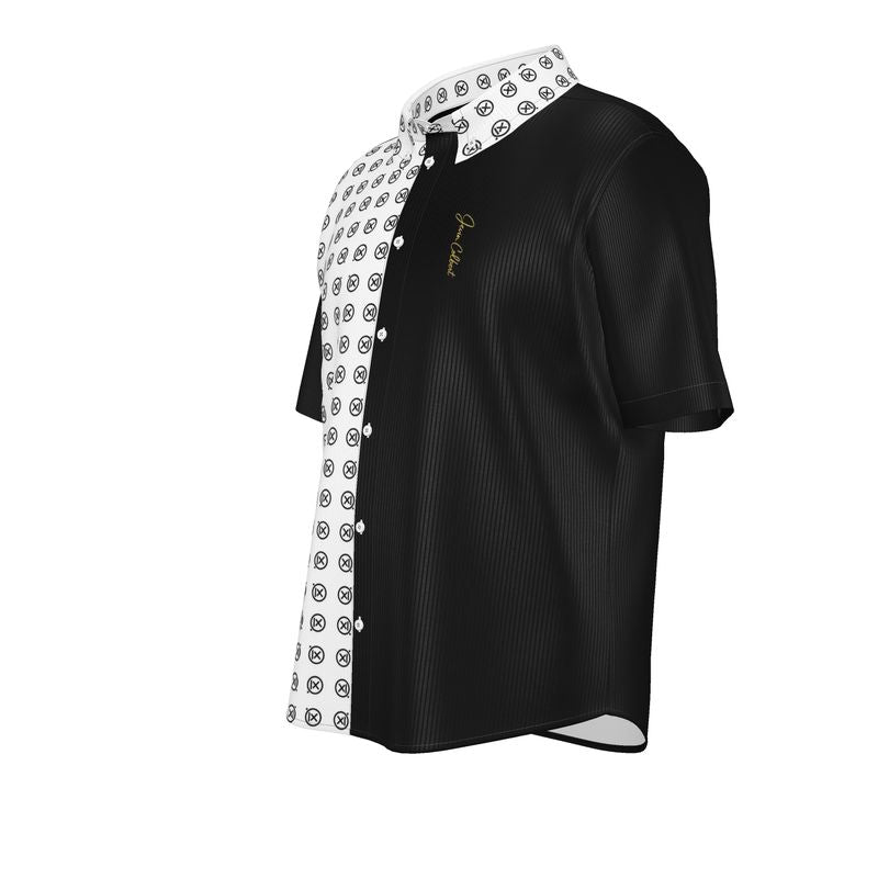 Short-sleeve dress shirt side view, black body with white patterned yoke, gold chest logo