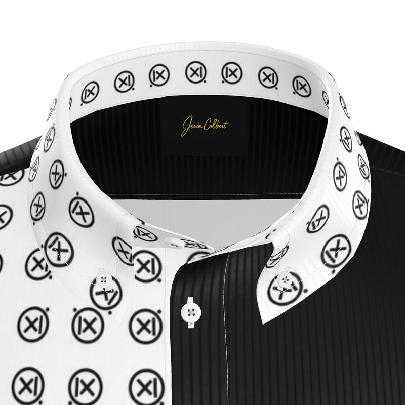 Short-sleeve dress shirt collar and top buttons, white pattern with black inner placket
