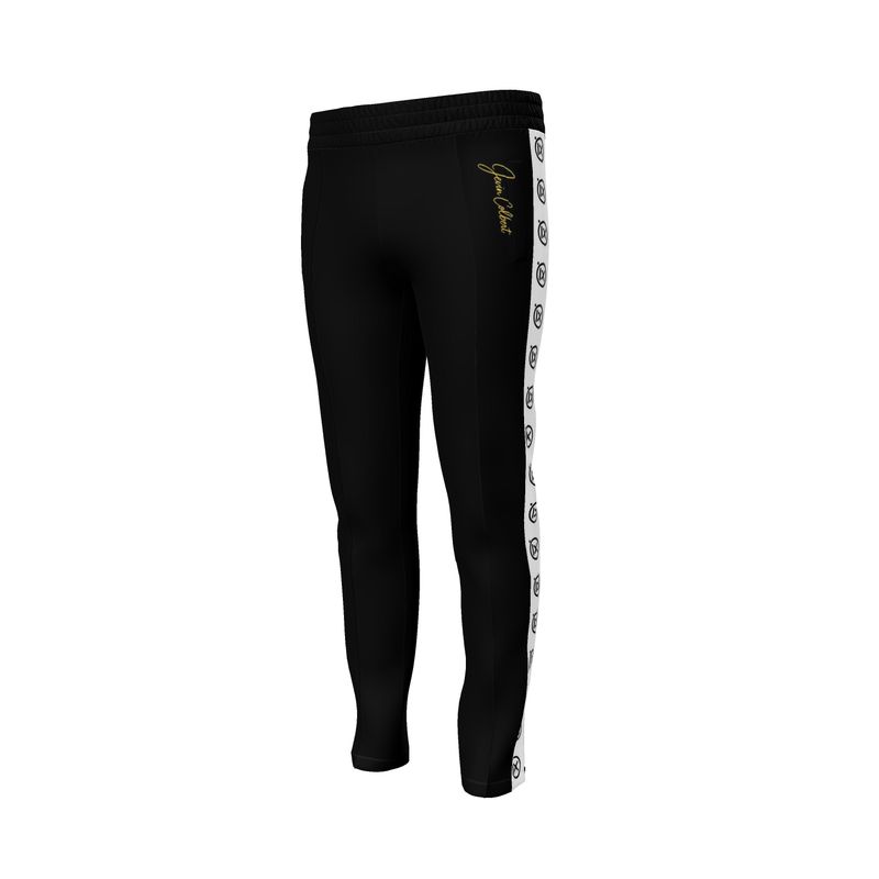 Men's black track pants with white side stripe and logo tape