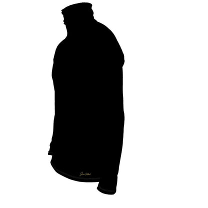 Men's black roll-neck sweater with high collar and long sleeves, side profile