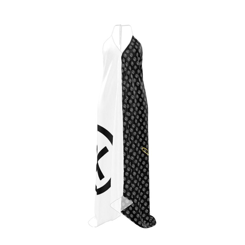 Backless halterneck dress with black patterned side and white draped panel, sleeveless