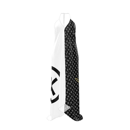 Backless halterneck dress with black patterned side and white draped panel, sleeveless