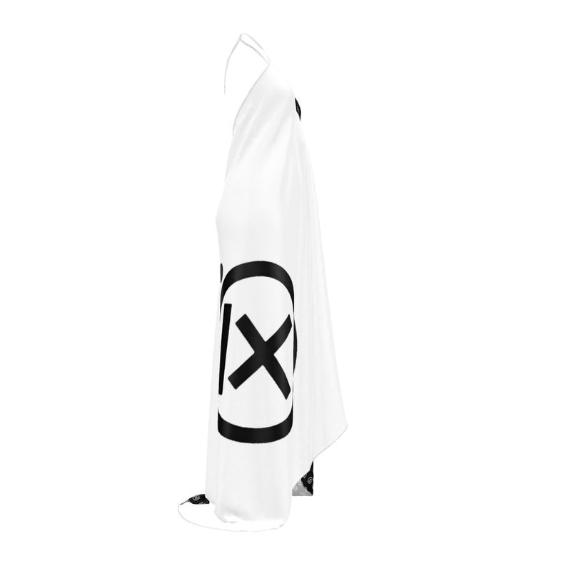 Backless halterneck dress in white with black logo graphic panel and draped side detail