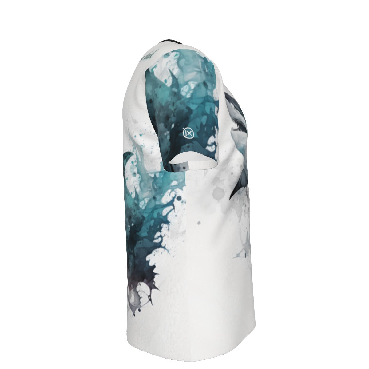 White O-neck tee with blue shark graphic across side, black-trim sleeves