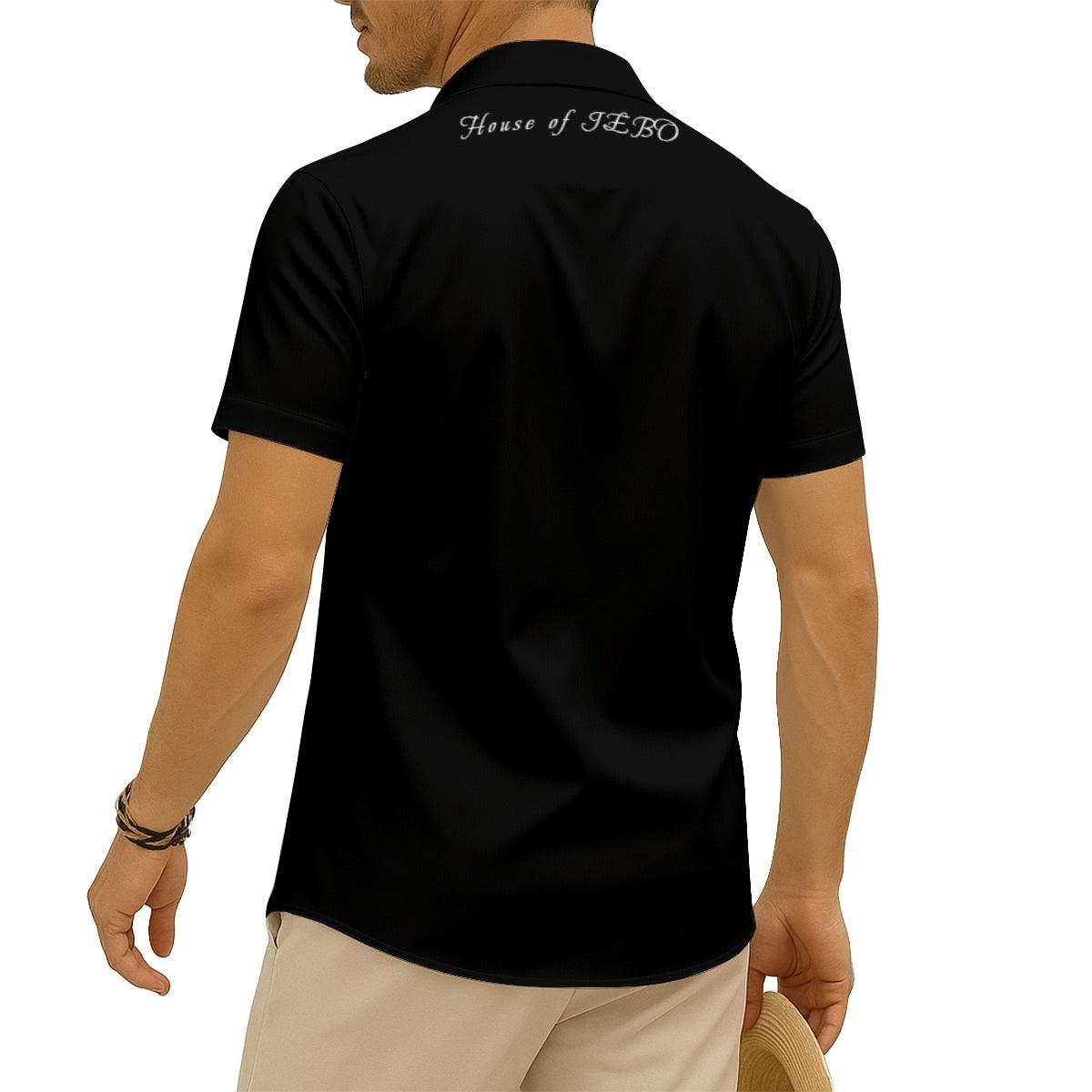 Satin short sleeve button-up shirt, dark color, back view with logo on upper back