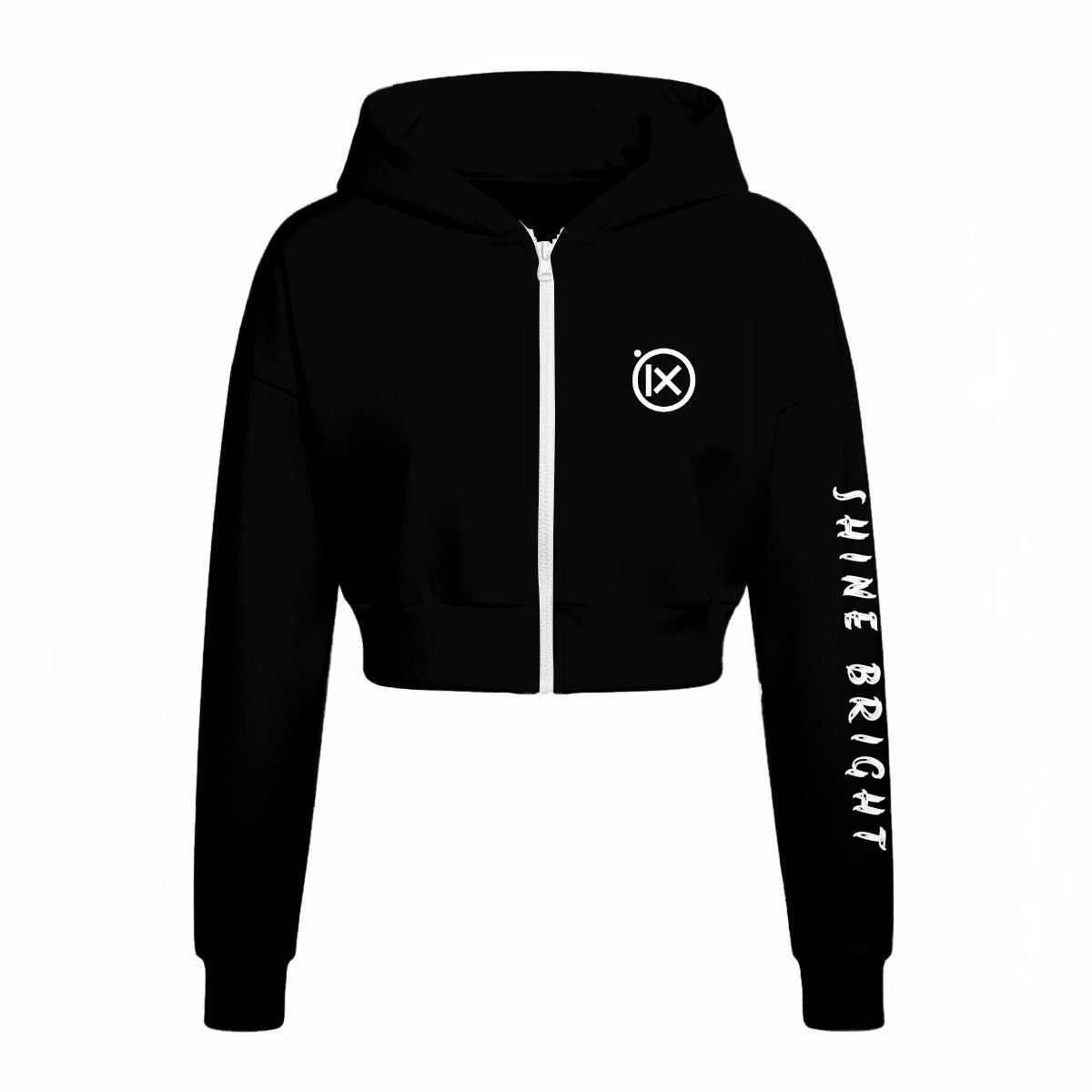 Black fleece zip-up hoodie with drawstring hood and IX logo, long sleeves