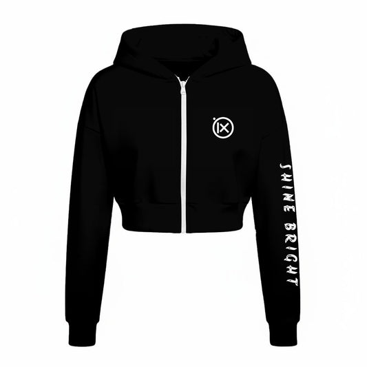 Black fleece zip-up hoodie with drawstring hood and IX logo, long sleeves