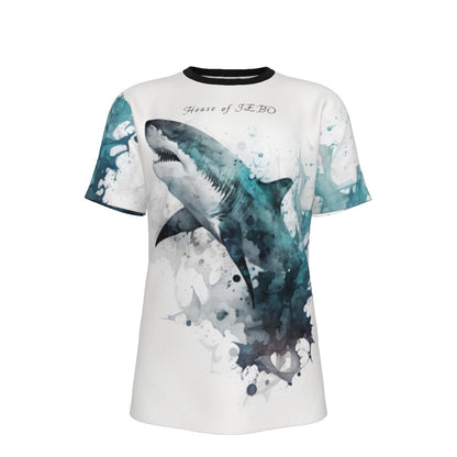 White O-neck tee with blue shark graphic, black-trim crew neck; House of JEBO text
