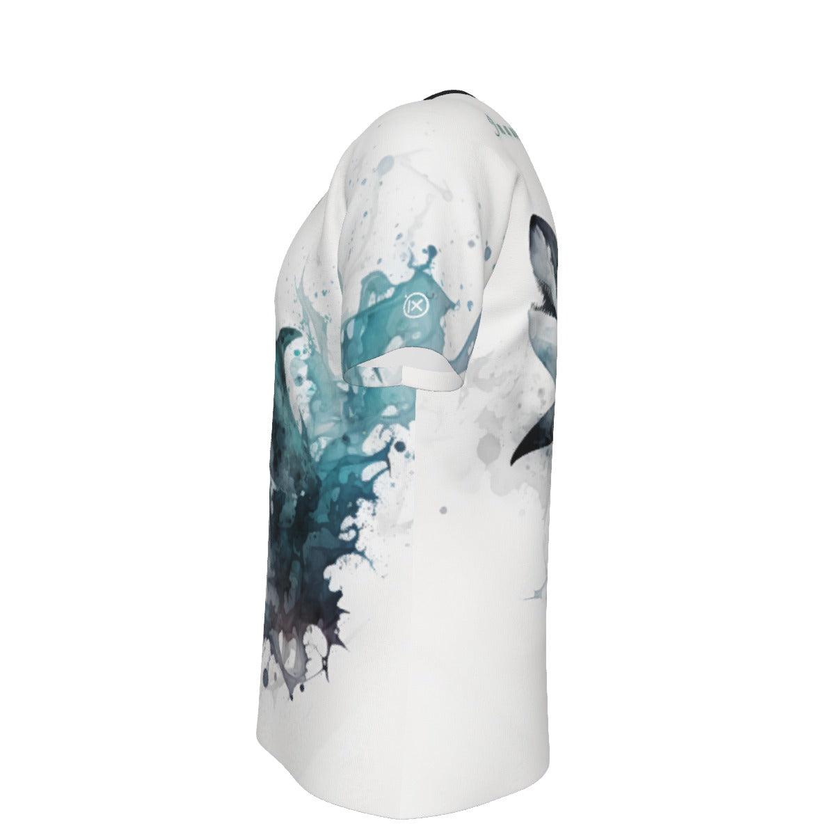 White O-neck tee with blue shark graphic splash print and black-trim sleeves
