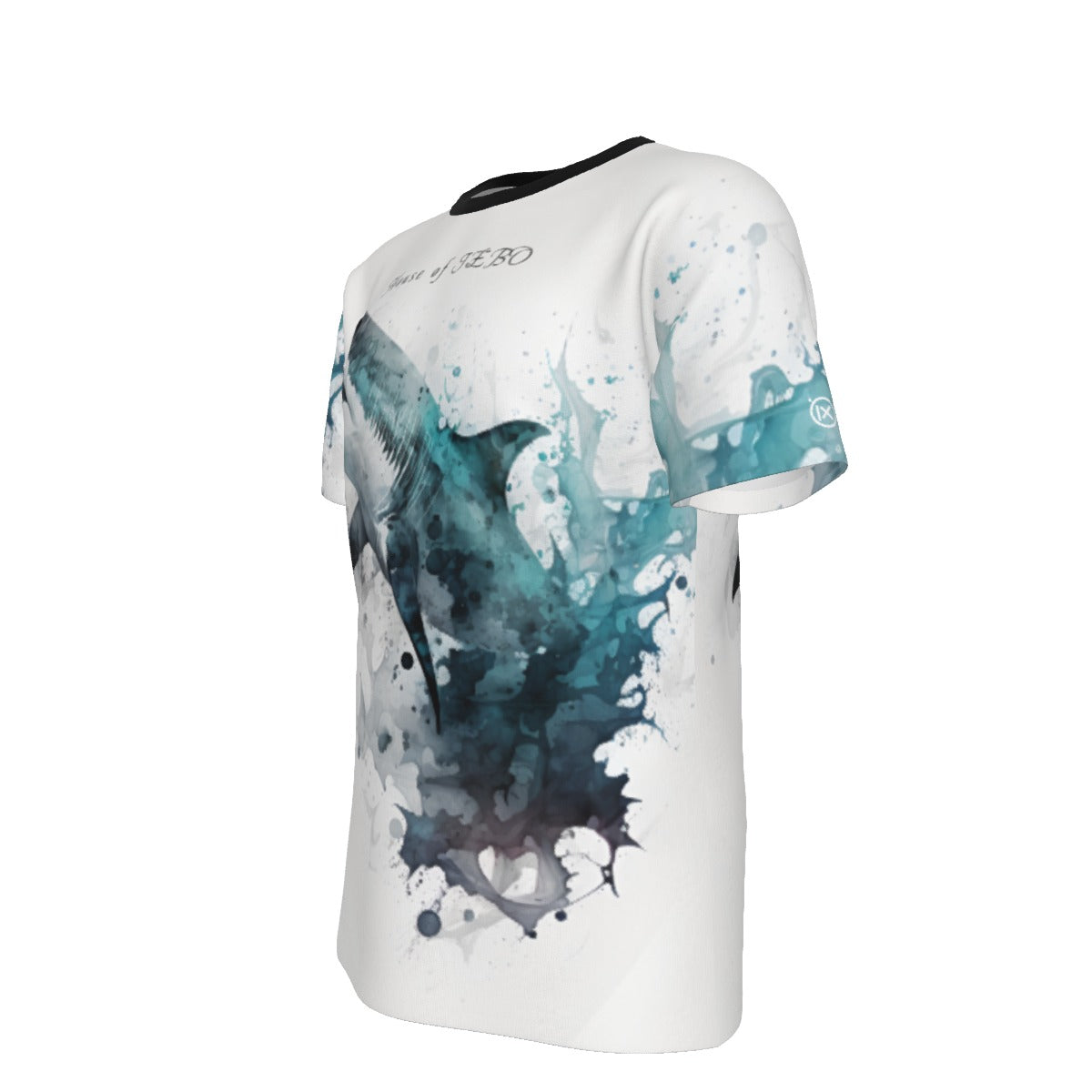 White O-neck tee with large blue shark print and 'House of JEBO' back text