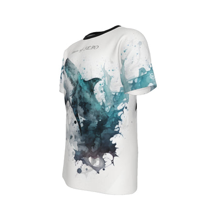White O-neck tee with large blue shark print and 'House of JEBO' back text