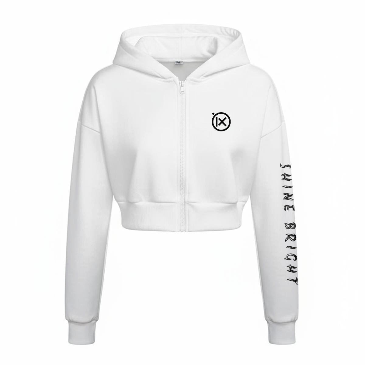 Women’s white fleece zip-up hoodie with front logo and long sleeve graphic.