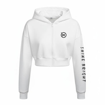 Women’s white fleece zip-up hoodie with front logo and long sleeve graphic.
