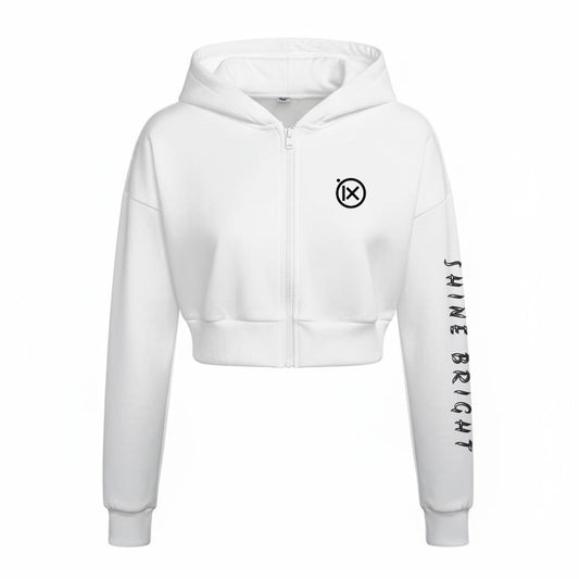 Women’s white fleece zip-up hoodie with front logo and long sleeve graphic.