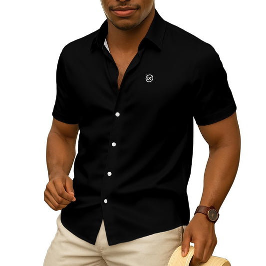 Satin short sleeve button-up shirt, dark color, point collar and front placket