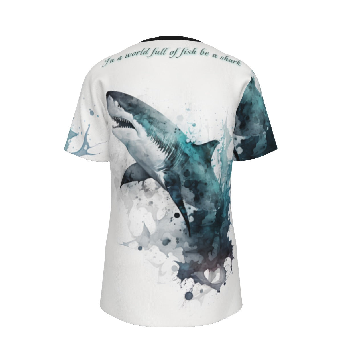 White O-neck tee with blue shark graphic and arched back slogan; black-trim crew neck