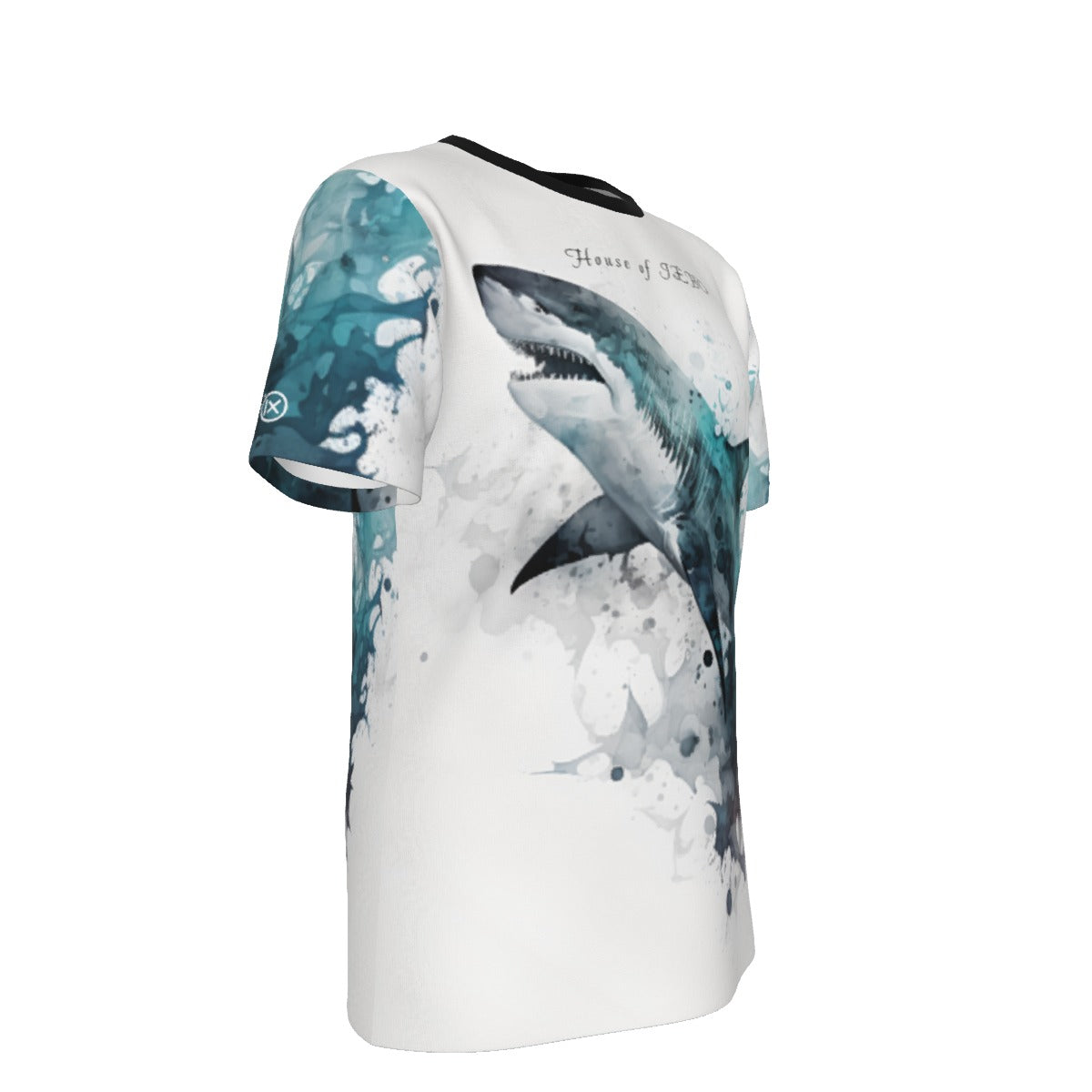 White O-neck tee with blue shark graphic, black-trim collar and sleeves; JEBO text