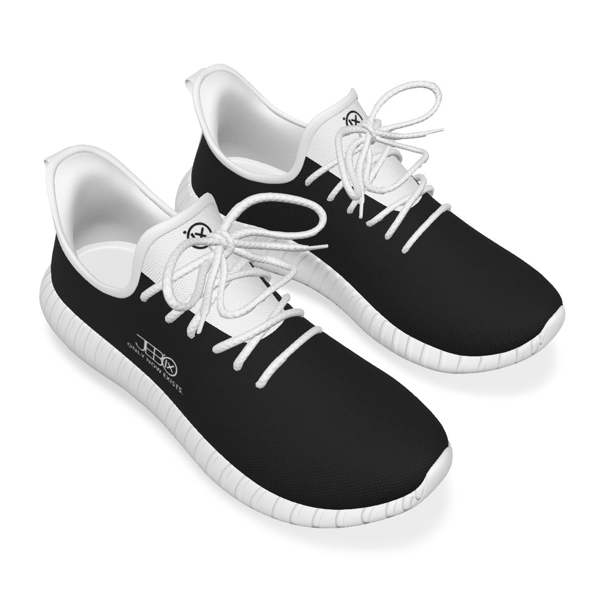 JEBO performance trainer sneakers, side view of black knit upper with white laces