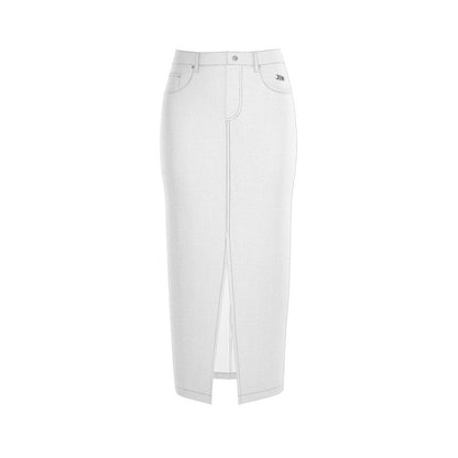 White denim maxi skirt with front slit and belt loops, button-and-zip closure