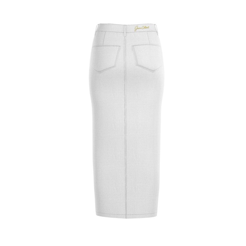 White denim maxi skirt with straight pencil silhouette, belt loops, and two front pockets