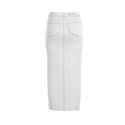 White denim maxi skirt with straight pencil silhouette, belt loops, and two front pockets