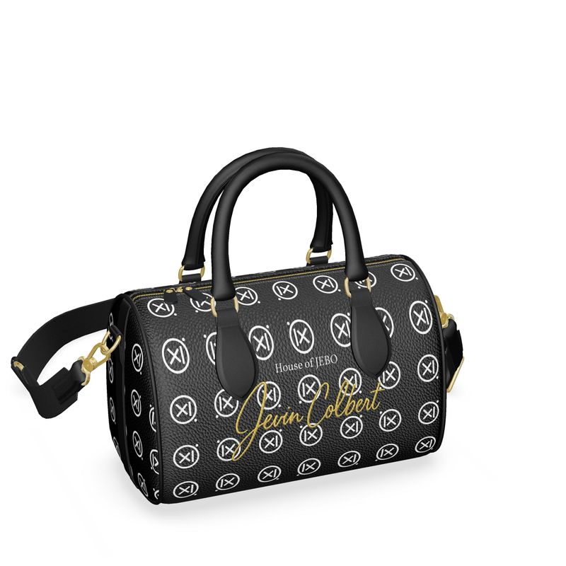 Mini duffle bag with black leather-look handles, monogram print, gold zipper pulls