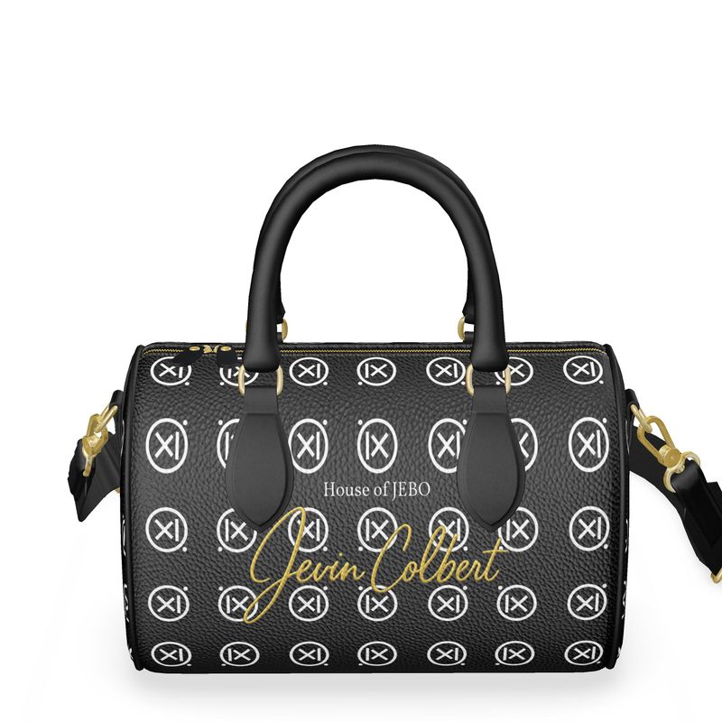 Mini duffle bag with textured black monogram print, central logo, gold trim