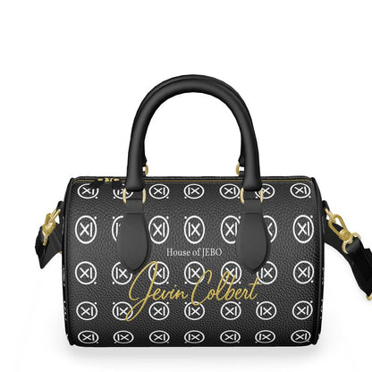 Mini duffle bag with textured black monogram print, central logo, gold trim
