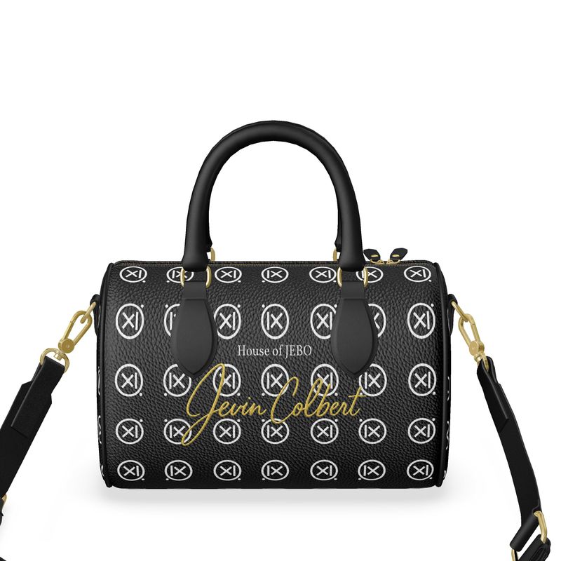 Mini duffle bag with crossbody strap, black monogram print, gold hardware