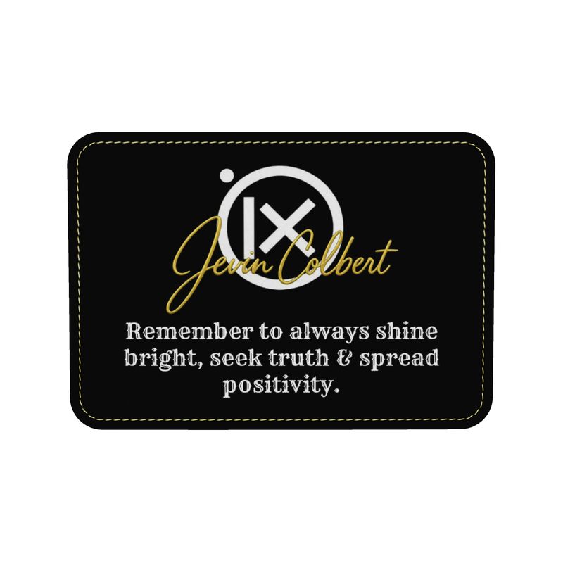 Mini duffle bag back panel with black, gold logo and slogan text