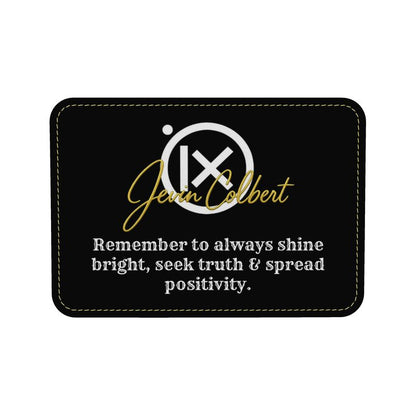 Mini duffle bag back panel with black, gold logo and slogan text