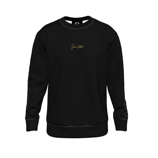 Jevin Colbert black crewneck sweatshirt with small chest logo, ribbed cuffs and hem