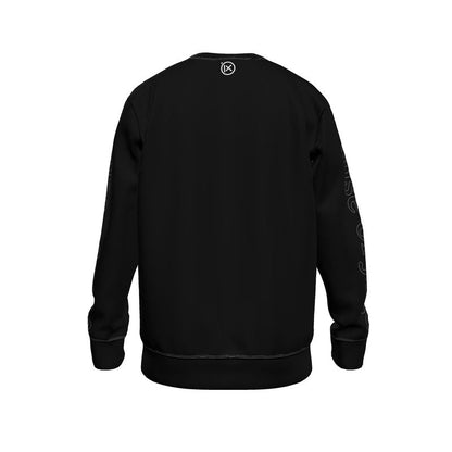 Jevin Colbert black crewneck sweatshirt, back view, ribbed cuffs and hem