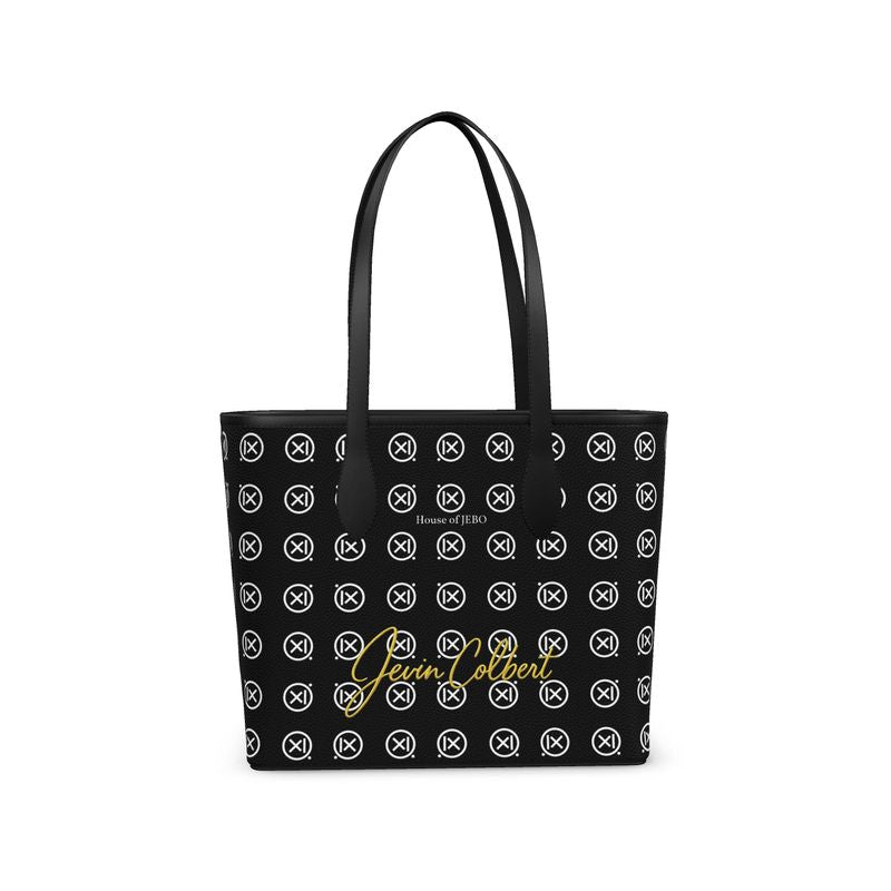 Black leather city shopper tote bag with repeating logo pattern and top handles