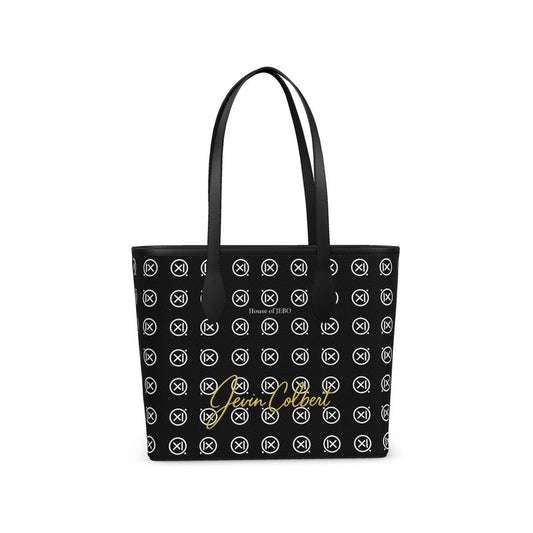 Black leather city shopper tote bag with repeating logo pattern and top handles