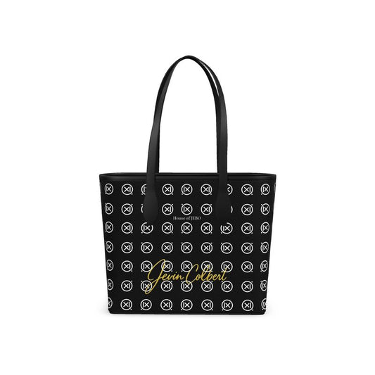 Black leather city shopper tote bag with repeating logo pattern and side view handles