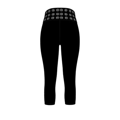 Black sports leggings, back view, with patterned waistband