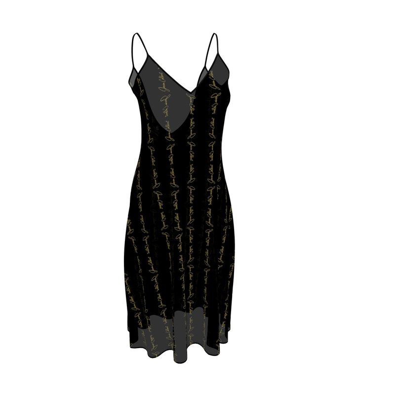 Noir sleeveless midi dress with scoop neck and gold script print