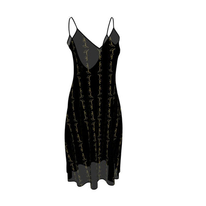 Noir sleeveless midi dress with scoop neck and gold script print