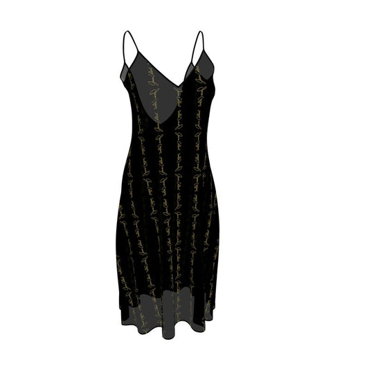 Noir sleeveless midi dress with scoop neck and gold script print
