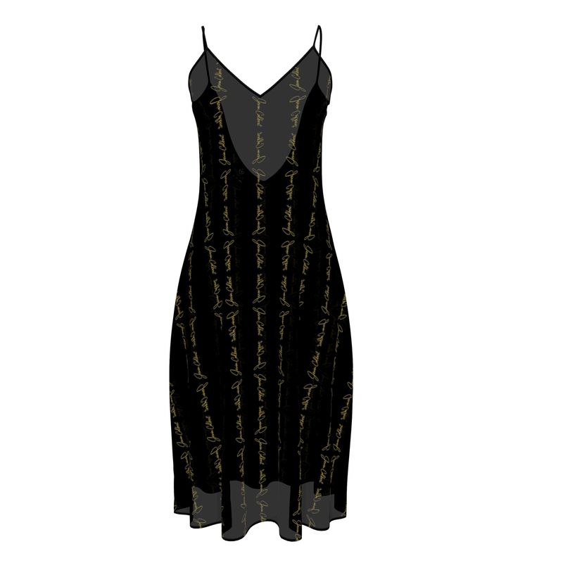 Noir sleeveless midi dress with V-neck and gold script print