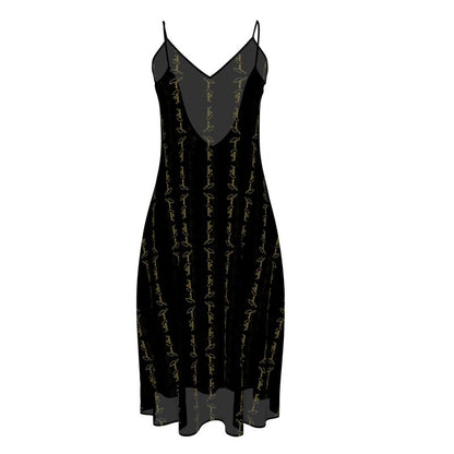 Noir sleeveless midi dress with V-neck and gold script print