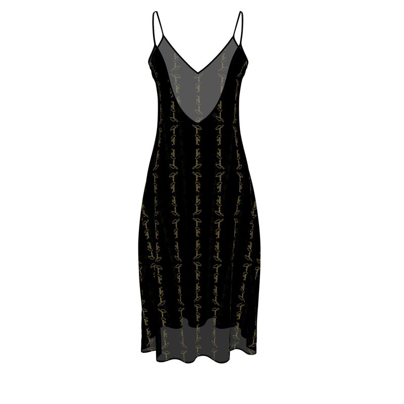 Noir sleeveless midi dress with V-neck, gold script print, draped hem