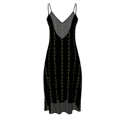 Noir sleeveless midi dress with V-neck, gold script print, draped hem